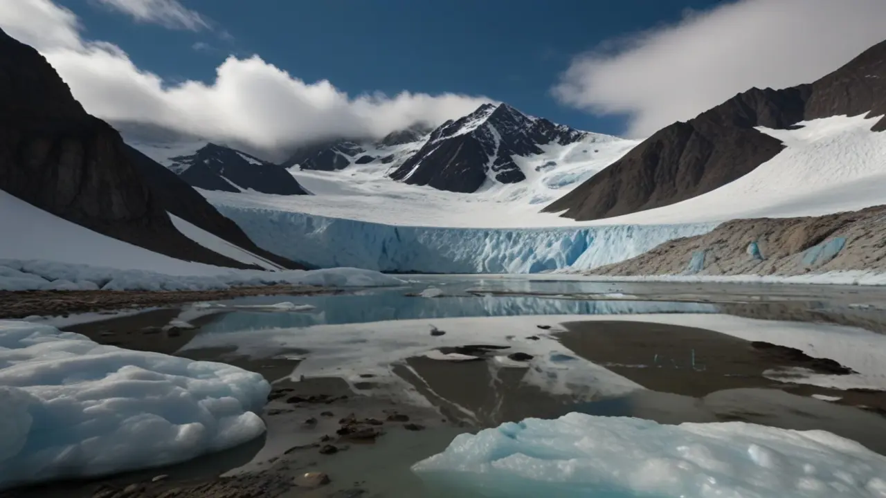 A panoramic view of a glacier meeting a small lake with chunks of ice. Majestic snow-covered mountains and clouds frame the scene, captured during an Aguila Tour.