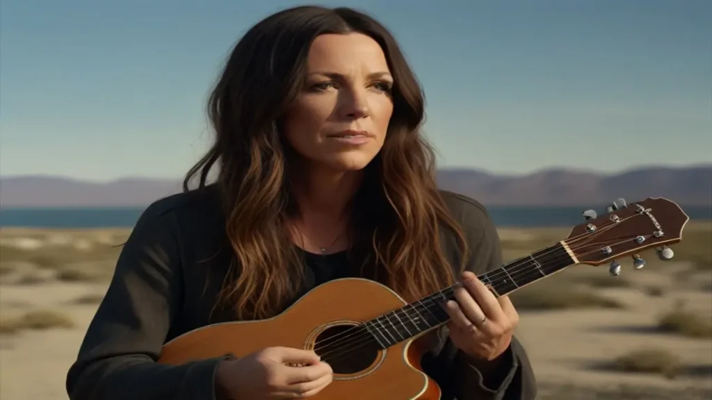 A woman with long, dark hair plays an acoustic guitar outdoors with a tranquil desert landscape and distant mountains in the background during the Alanis Morissette tour.