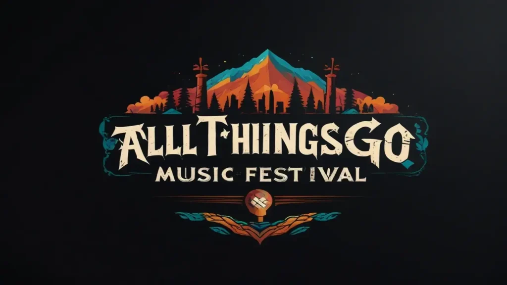 Logo for the "All Things Go Music Festival Tour 2024," featuring stylized, colorful text and a landscape with mountains and trees set against a dark background.