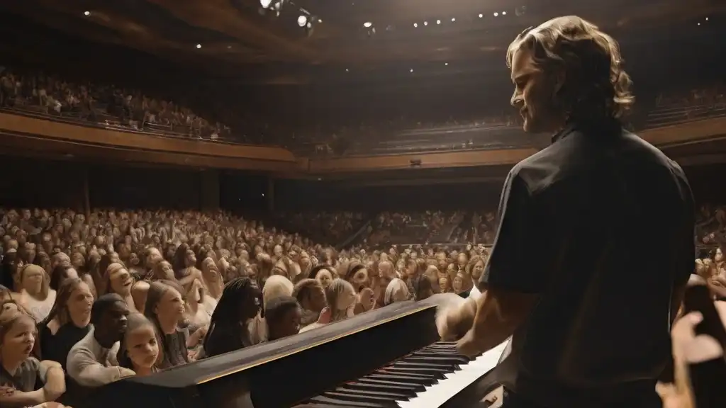 A man named Benson Boone playing the piano in front of a large audience, captivating them with his music. Benson Boone Tour 2024 Concert