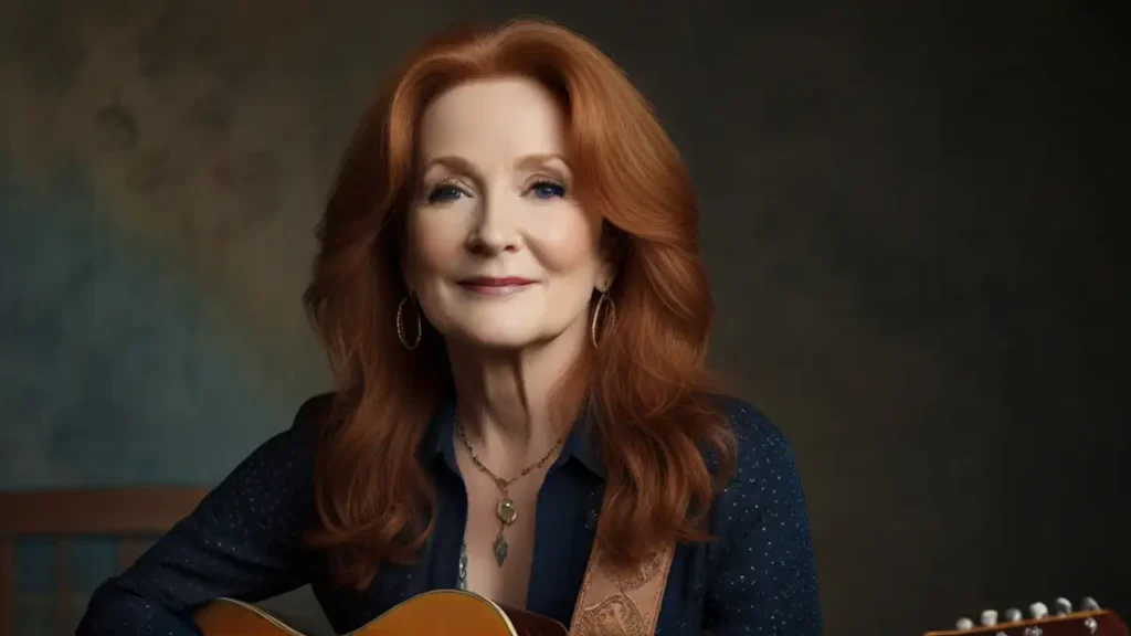 A beautiful woman standing with a musical instrument guitar. Bonnie Raitt Tour 2024.