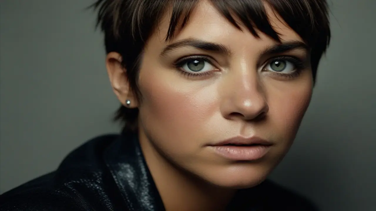 Close-up portrait of a woman with short brown hair and striking green eyes, wearing a black leather jacket against a grey background. Her expression is serene with a subtle intensity, reminiscent of the Cat Power Tour