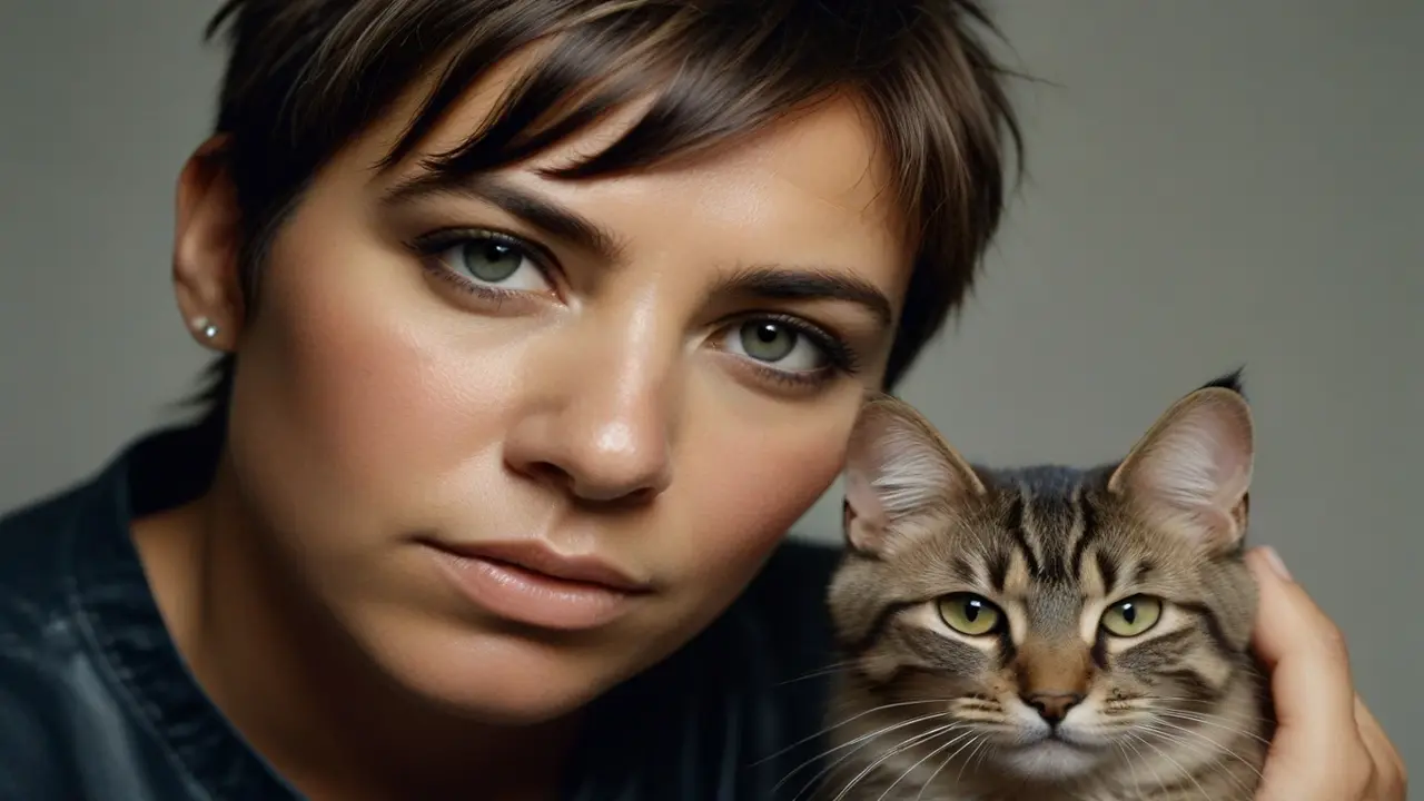 Close-up portrait of a woman with short brown hair and a gray tabby cat; both looking directly at the camera with a serene expression, celebrating the Cat Power Tour 2024.