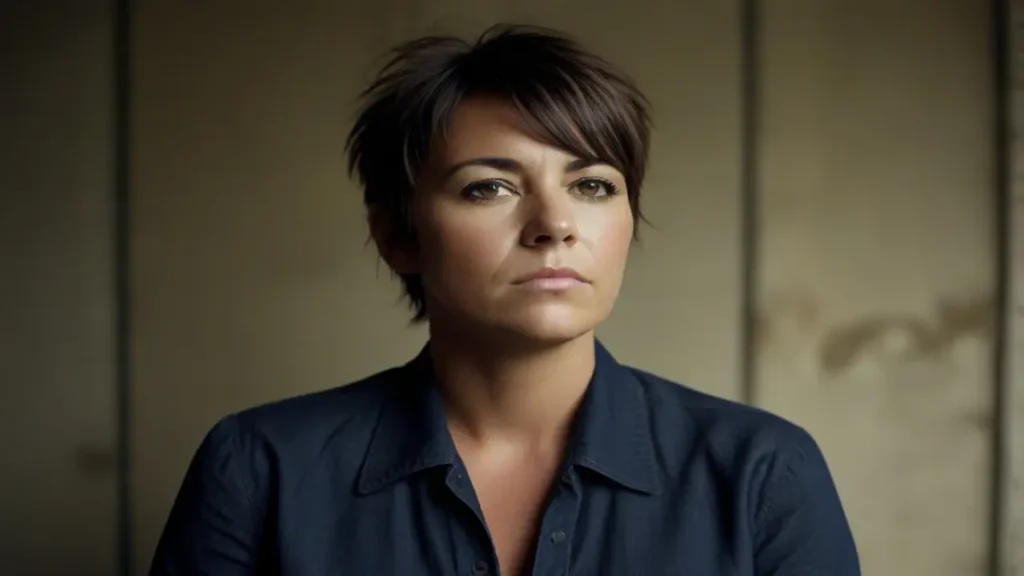 A close-up portrait of a woman with short dark hair and a serious expression