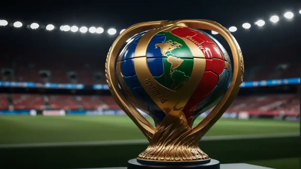 Golden trophy featuring a globe with colored continents, displayed on a stand at the Copa America Tour 2024 under bright lights.