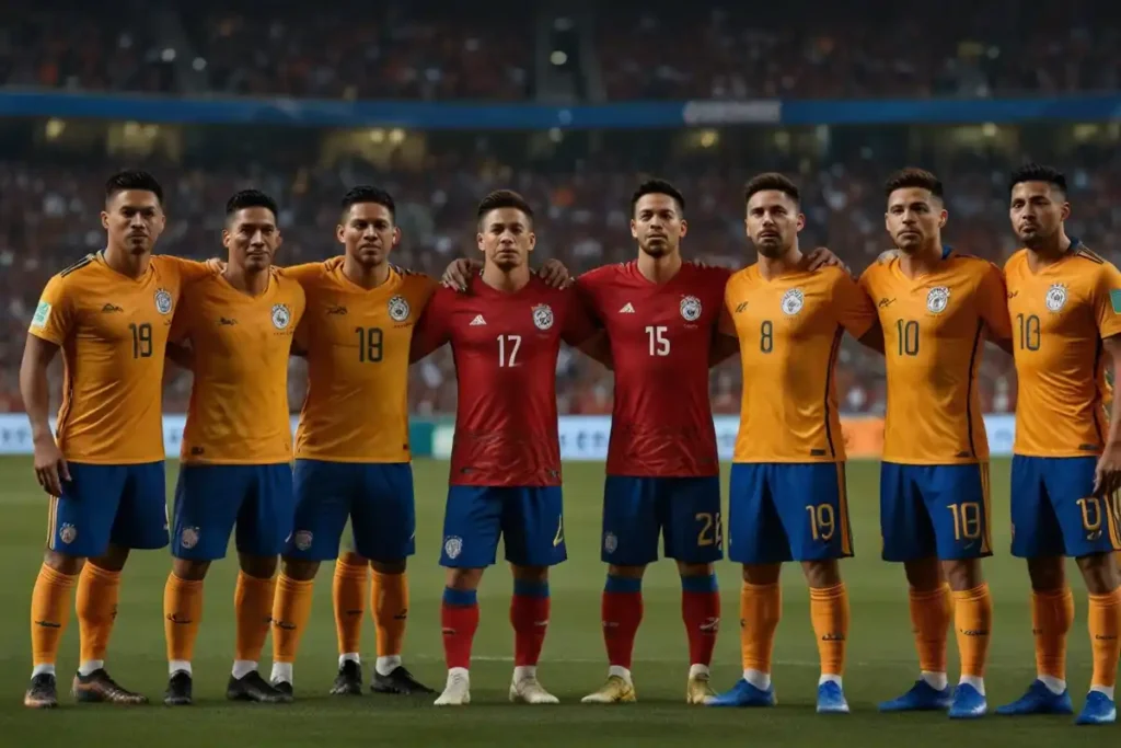 A group of eight male soccer players from the Chilean national team, dressed in their team uniforms, stand side-by-side during the national anthem at a night game of the 2024 Copa America.