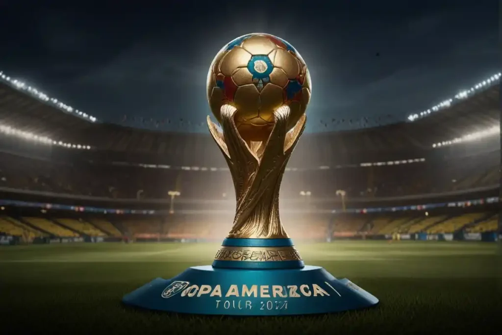 Image of the Copa America trophy centered on a football pitch, illuminated under stadium lights with the text "Copa America Tour 2024" on its base.