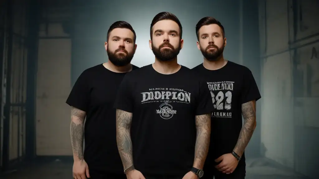 A Day To Remember Tour 2024. Three gentlemen standing in black t-shirts.