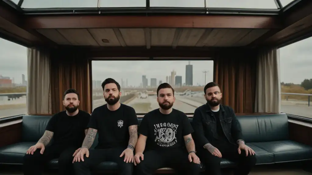 All four gentlemen are sitting in black t-shirts.