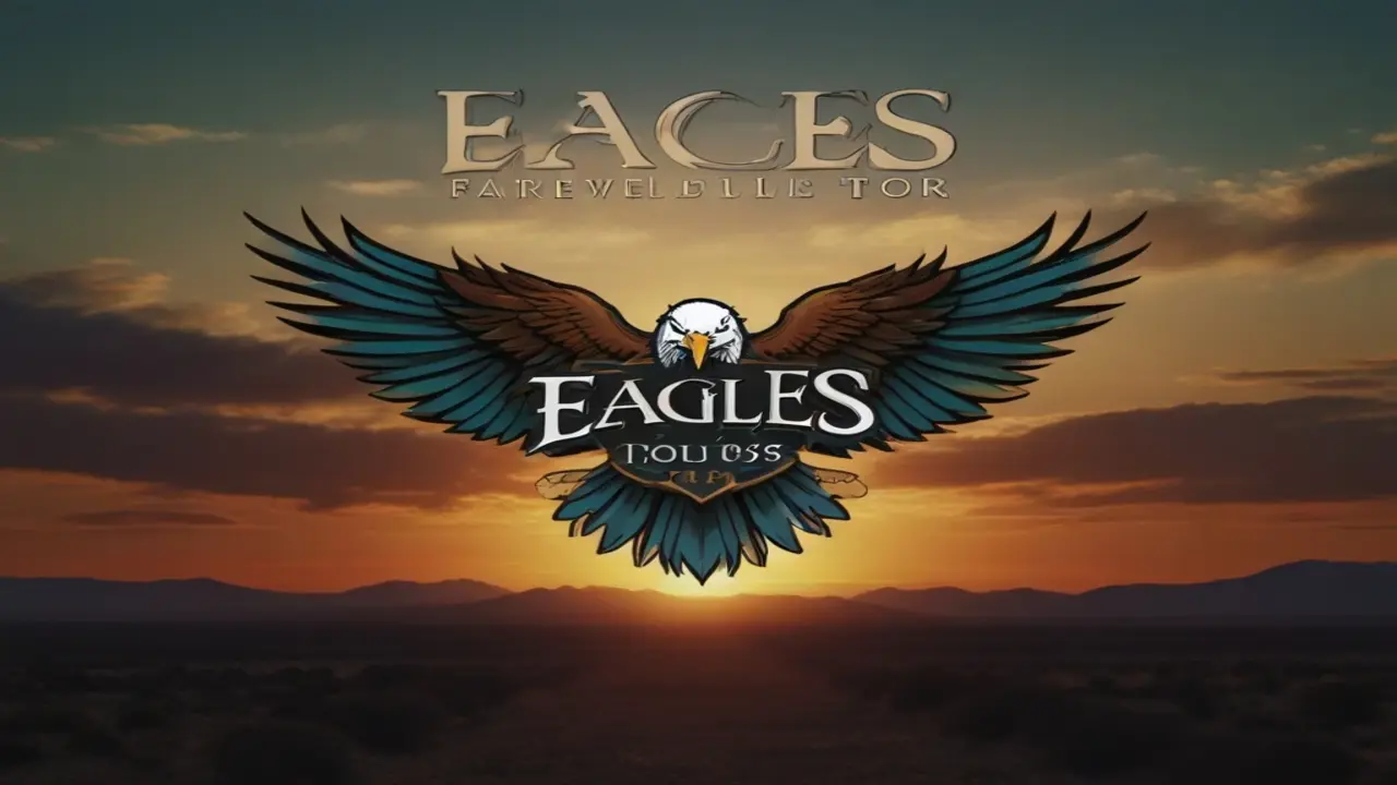 Graphic for the Eagles Farewell Tour 2025, featuring the band’s name with large, spread wings on either side, set against a sunset backdrop over a mountainous horizon.