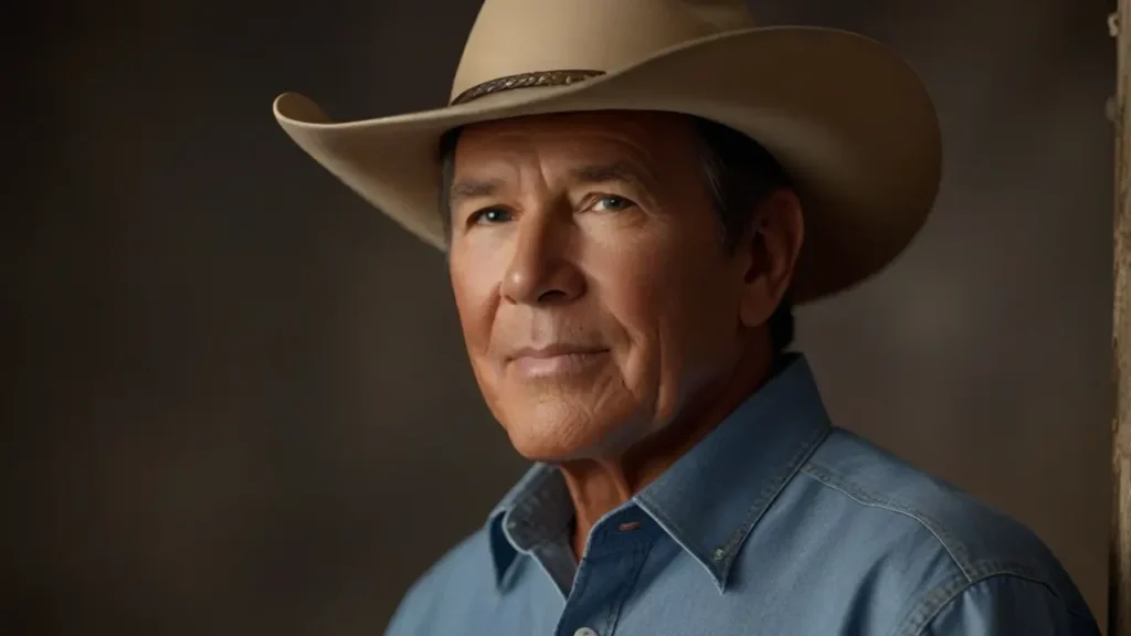 Portrait of George Strait wearing a cowboy hat and a denim shirt, looking confidently at the camera with a subtle smile, set against a dark, textured background during his 2024 tour.