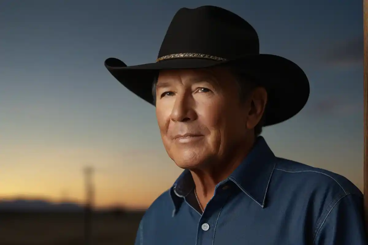 Portrait of George Strait wearing a black cowboy hat and blue shirt, with a serene expression, standing outdoors at sunset during his 2024 tour.