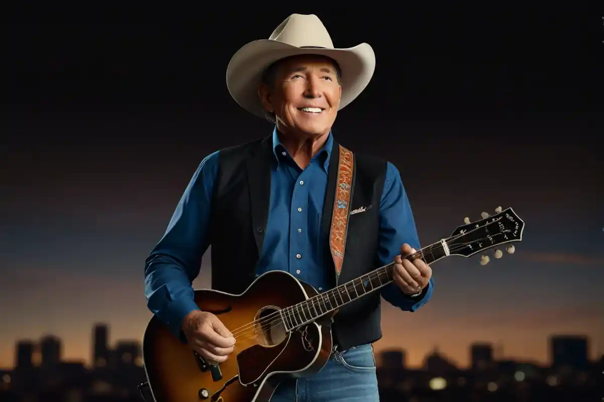 A smiling man wearing a cowboy hat and blue shirt plays a guitar against a dusky sky backdrop, representing the George Strait Tour 2024. He sports a patterned orange and blue tie, adding