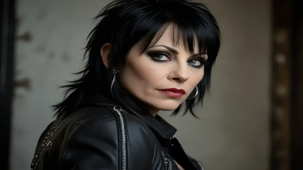 A woman with dark spiky hair and red lipstick, wearing a studded black leather jacket, looks at the camera with an intense expression. The background is softly blurred, evoking the gritty ambiance