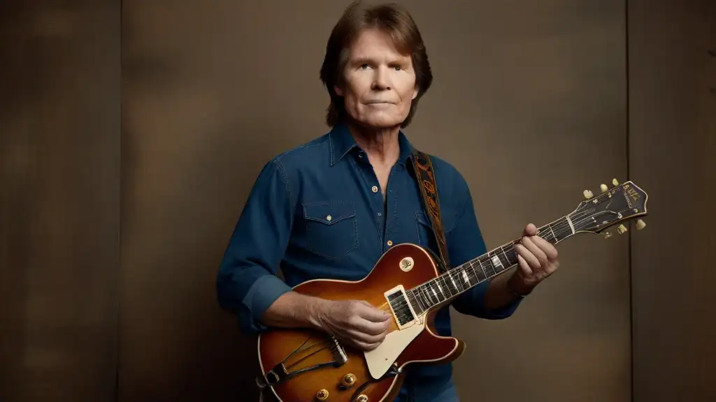 John Fogerty performing on stage with a guitar, singing passionately into a microphone. John Fogerty Tour 2024.