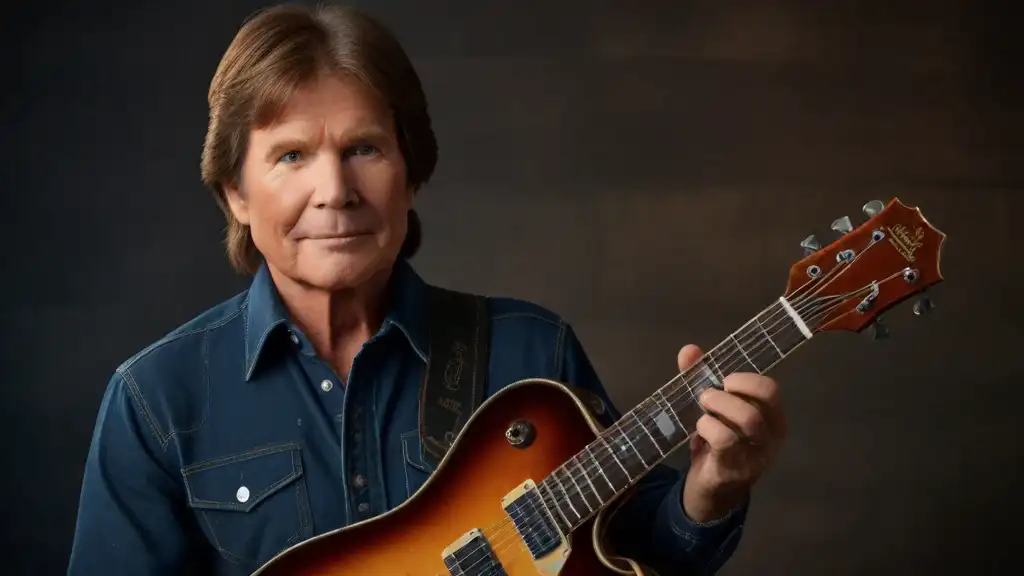 A man in a blue shirt holds an orange guitar during the John Fogerty Tour 2024.