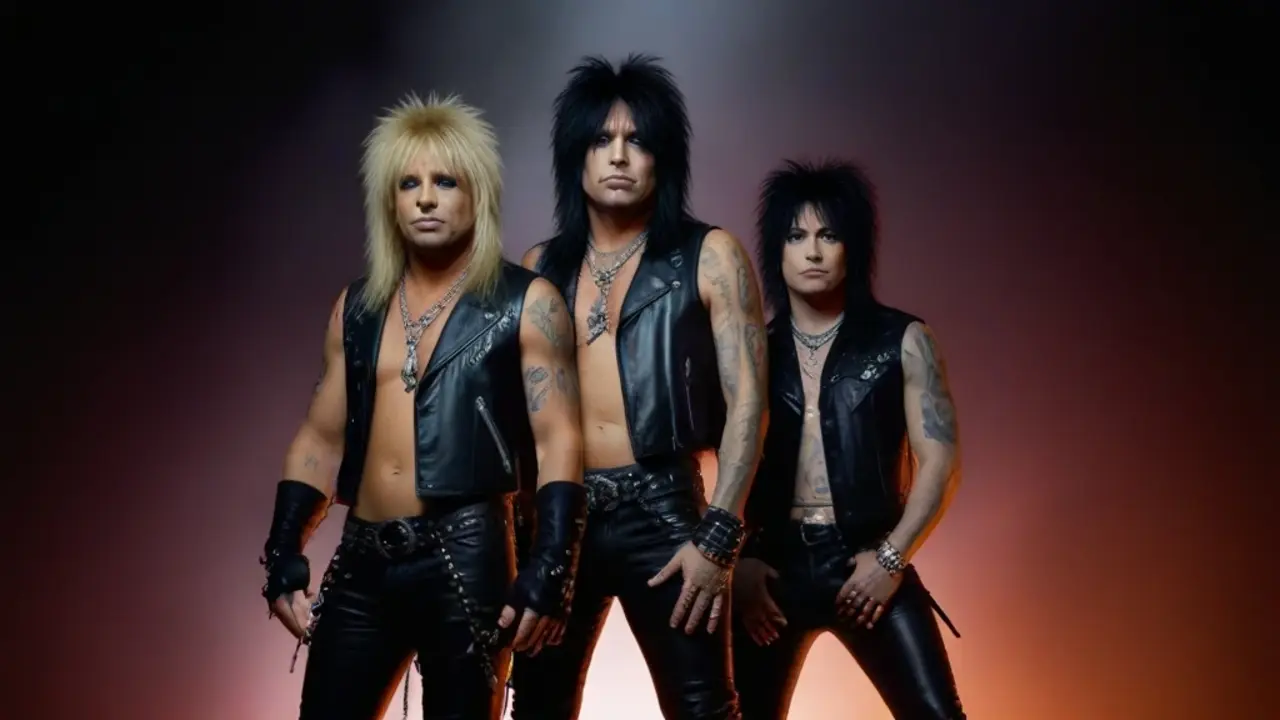 Three men in leather outfits posing in a dimly lit room. Possibly a promotional image for Motley Crue Tour 2024.