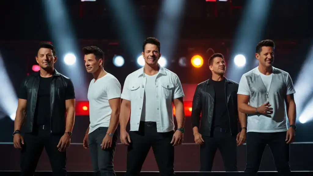 New Kids on the Block performing on stage with vibrant lighting.