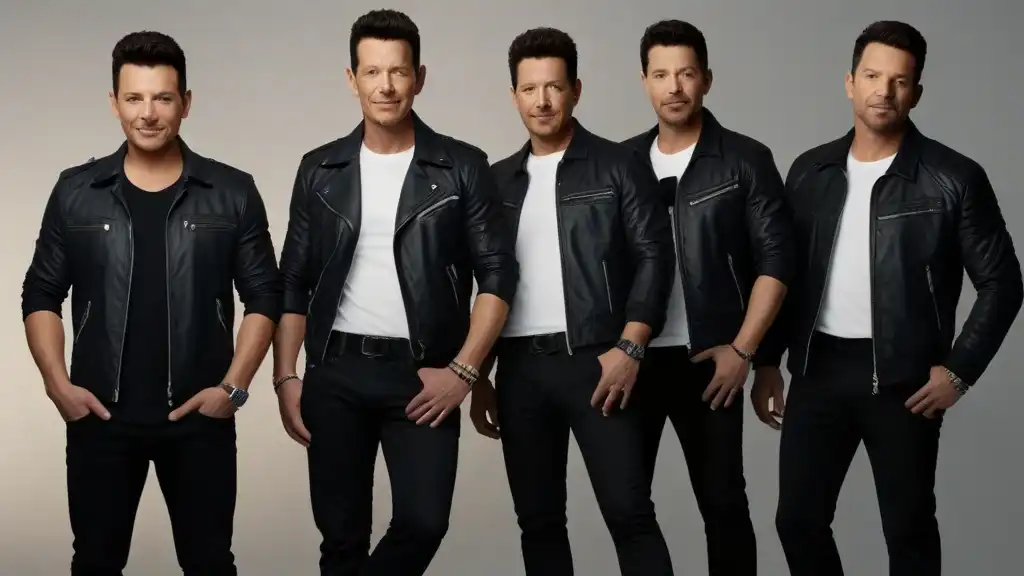 Five men in black leather jackets standing together, representing the iconic boy band 'New Kids on the Block'.