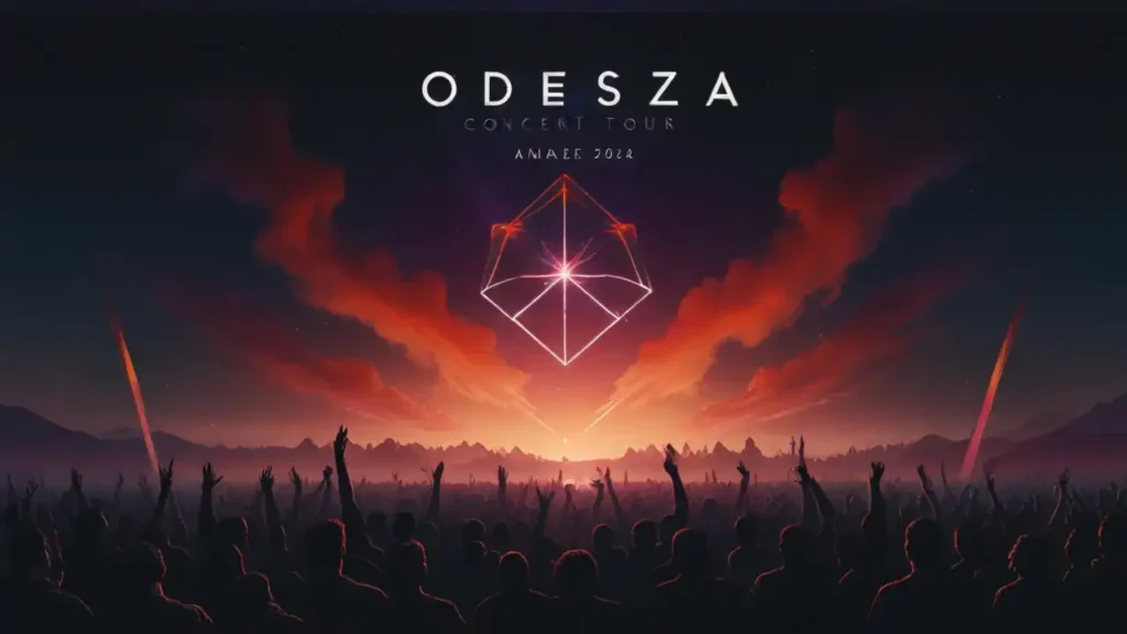 ODESZA Concert Tour 2024. Red clouds in the sky and excited concert crowd below.