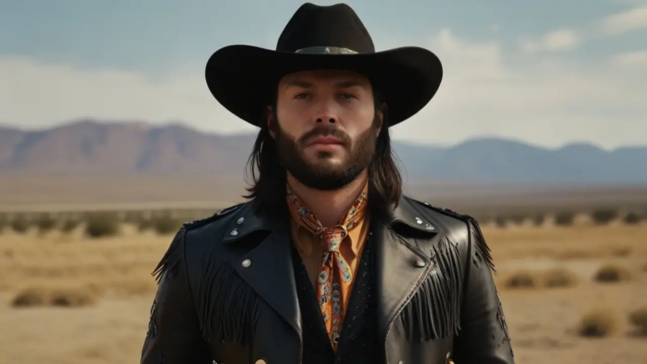 A man in a cowboy hat and jacket standing in the desert during Orville Peck's Stampede tour 2024.