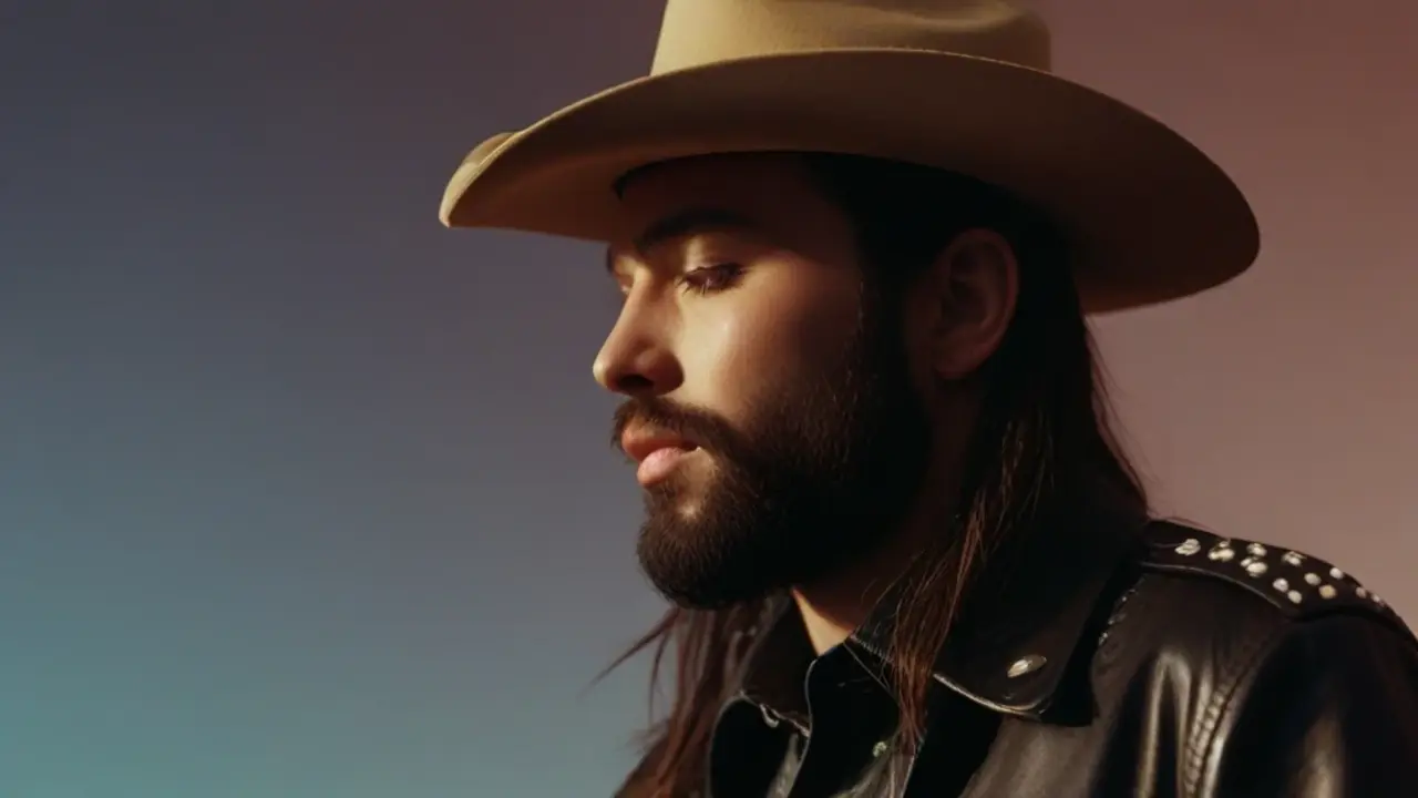 A man with long hair wearing a cowboy hat, part of Orville Peck's Stampede tour 2024.