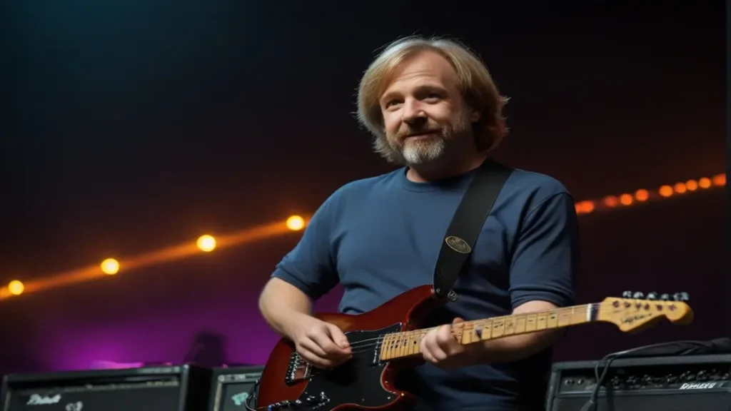 A musician with a beard playing a red electric guitar on stage during the Phish Tour 2024, illuminated by soft amber lights in the background, wearing a blue t-shirt.