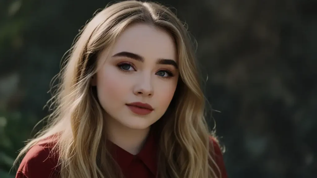 Beautiful girl with brown long hair looking up wearing a red shirt. Sabrina Carpenter Tour 2025