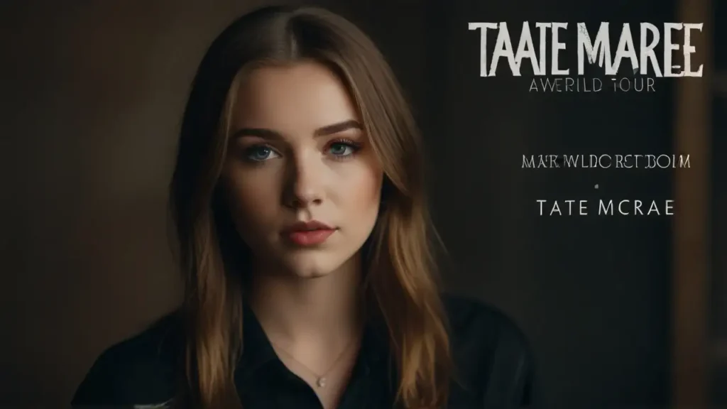 Beautiful girl with brown eyes and long hair is wearing a black shirt. Tate McRae World Tour 2024